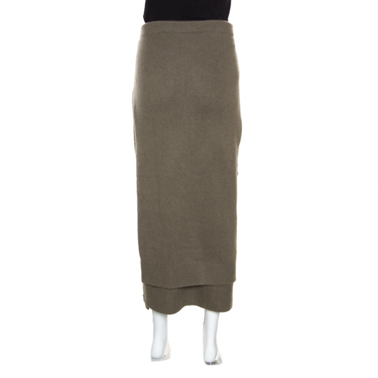 Pre Owned Joseph Khaki Green Cashmere Knot Front Midi Skirt XL