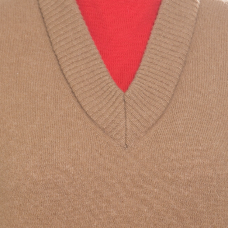 Pre Owned Jospeh Camel Brown and Red Faux Layered V+High Neck Wool Blend Sweater M