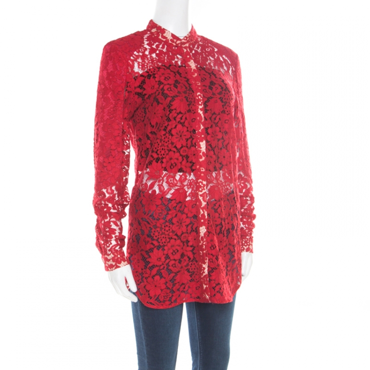 Pre Owned Joseph Red Floral Lace Mandarin Collar Long Sleeve Ida Shirt M