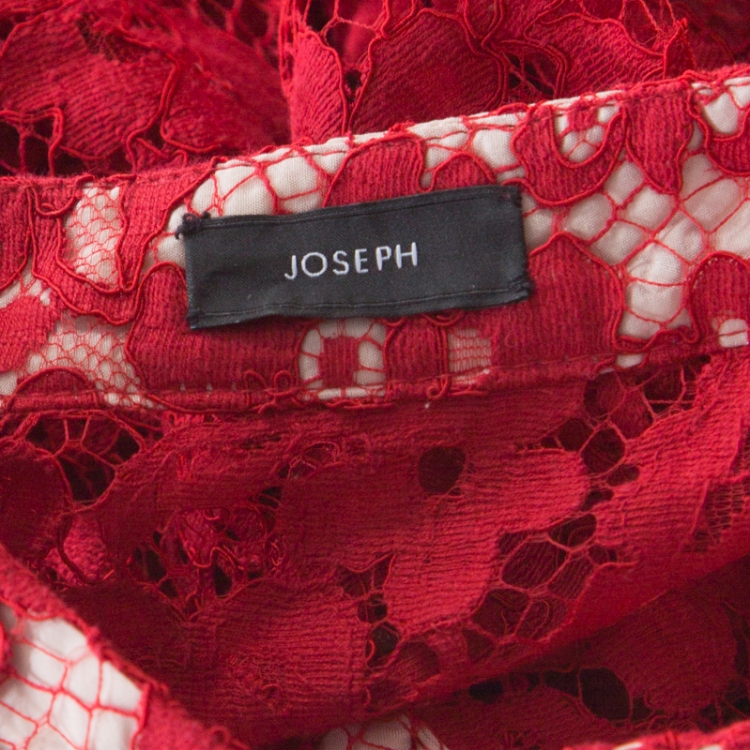 Pre Owned Joseph Red Floral Lace Mandarin Collar Long Sleeve Ida Shirt M