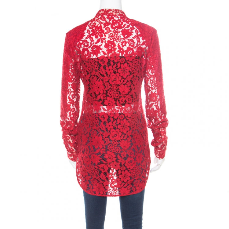 Pre Owned Joseph Red Floral Lace Mandarin Collar Long Sleeve Ida Shirt M