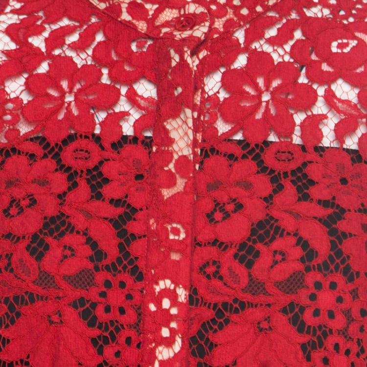 Pre Owned Joseph Red Floral Lace Mandarin Collar Long Sleeve Ida Shirt M