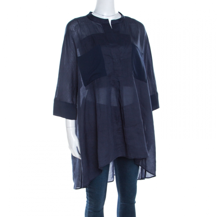Pre Owned Joseph Marine Blue Sheer Ramie Voile Georgette Heather Tunic Blouse M