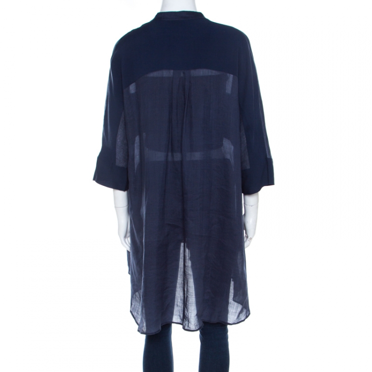 Pre Owned Joseph Marine Blue Sheer Ramie Voile Georgette Heather Tunic Blouse M