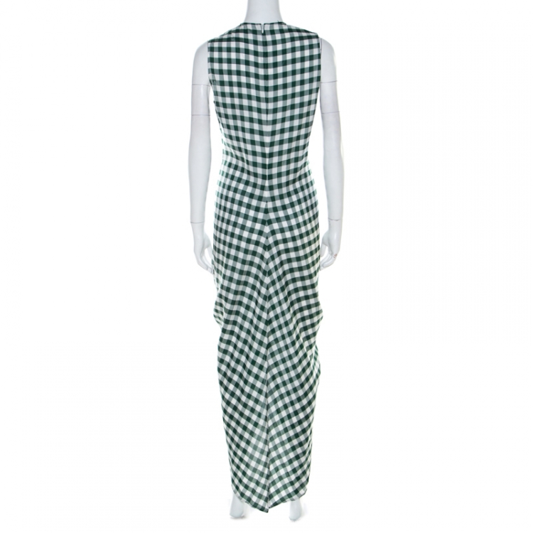 Pre Owned Joseph Green & White Gingham Ruched Detail Asymmetric Dress M