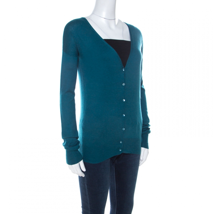 Pre Owned Joseph Teal Blue Silk Blend Knit Button Front Cardigan S 