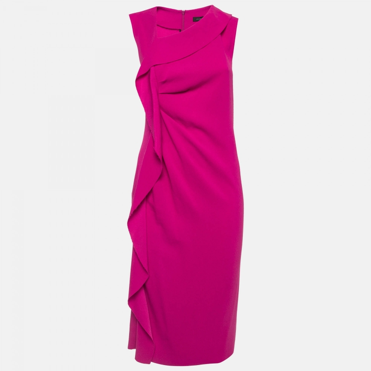 Pre Owned Joseph Pink Raw Edge Stretch Crepe Ruffled Detail Midi Dress M    