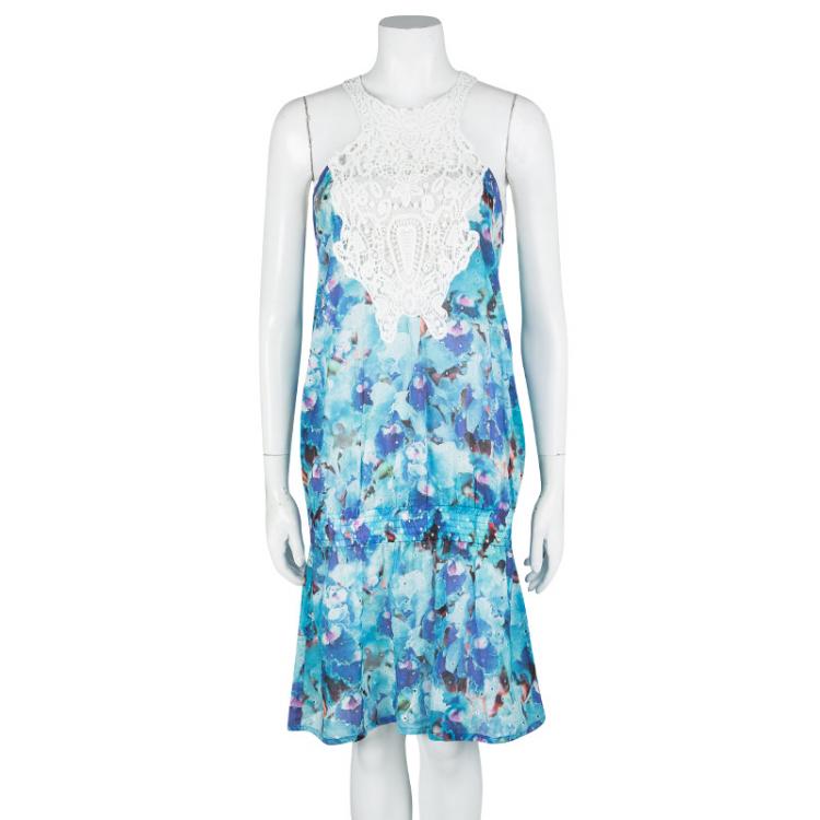 مملوكة مسبقًا Just Cavalli Blue Eyelet Embroidered Lace Detail Sleeveless Drop Waist Dress M