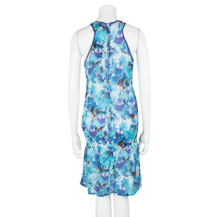مملوكة مسبقًا Just Cavalli Blue Eyelet Embroidered Lace Detail Sleeveless Drop Waist Dress M