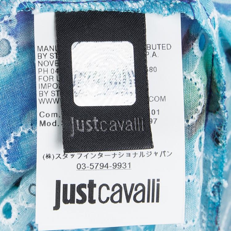 مملوكة مسبقًا Just Cavalli Blue Eyelet Embroidered Lace Detail Sleeveless Drop Waist Dress M