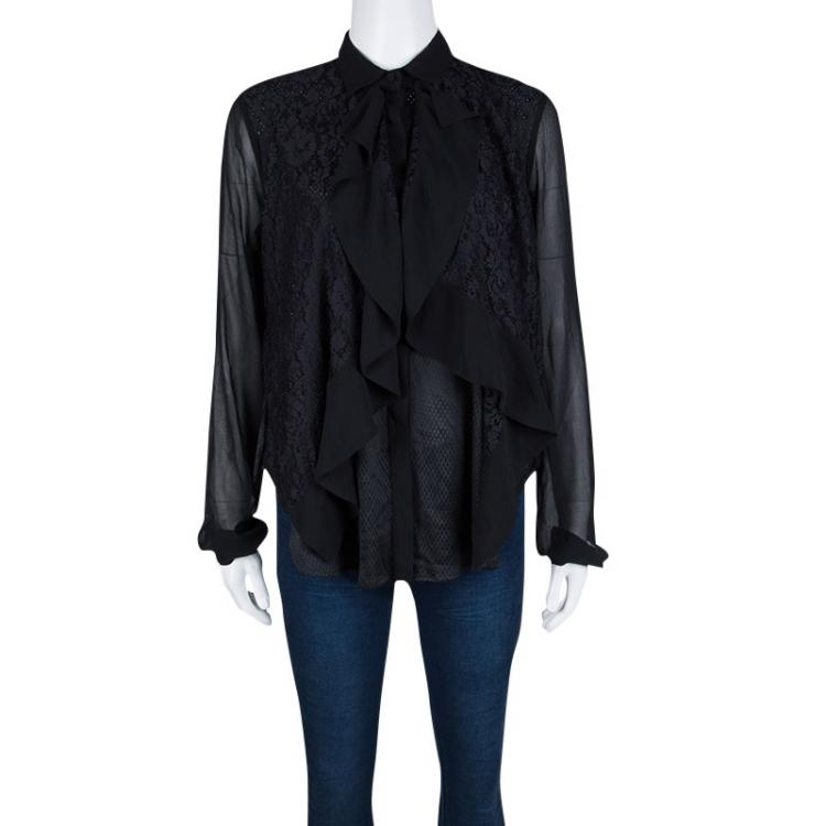 Pre Owned Just Cavalli Black Lace Panel Detail Long Sleeve Tricot Mesh Blouse S