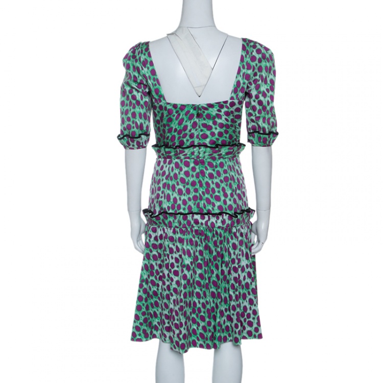 Pre Owned Just Cavalli Green and Pink Leopard Printed Cotton Tiered Dress S