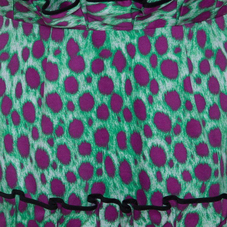 Pre Owned Just Cavalli Green and Pink Leopard Printed Cotton Tiered Dress S