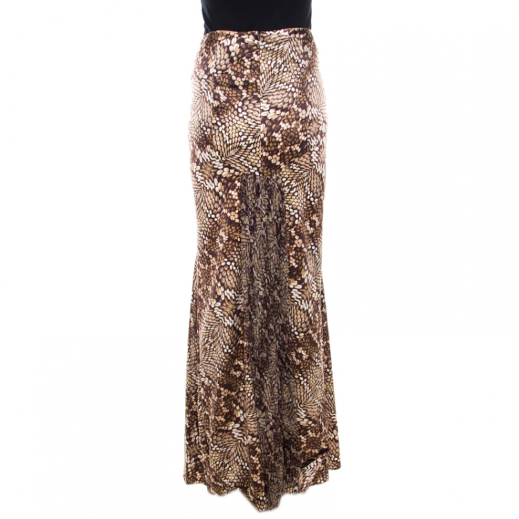 Pre Owned Just Cavalli Brown Snake Print Silk Satin Flared Maxi Skirt M 