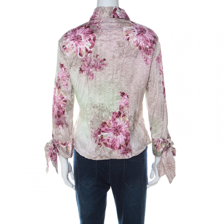 Pre Owned Just Cavalli Pink and Green Floral Printed Crinkled Satin Crystal Embellished Shirt L 