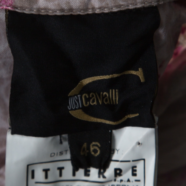 Pre Owned Just Cavalli Pink and Green Floral Printed Crinkled Satin Crystal Embellished Shirt L 