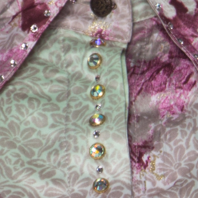 Pre Owned Just Cavalli Pink and Green Floral Printed Crinkled Satin Crystal Embellished Shirt L 