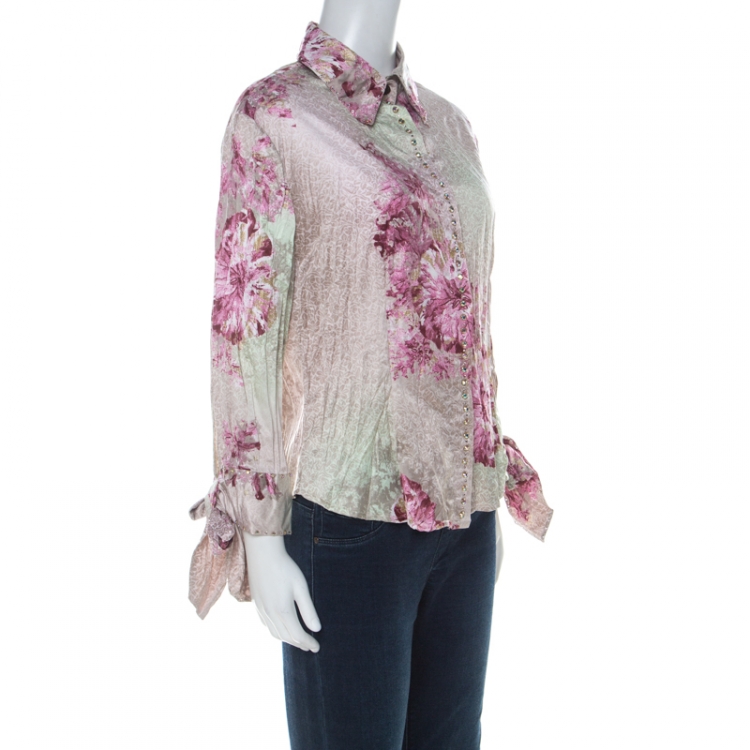 Pre Owned Just Cavalli Pink and Green Floral Printed Crinkled Satin Crystal Embellished Shirt L 