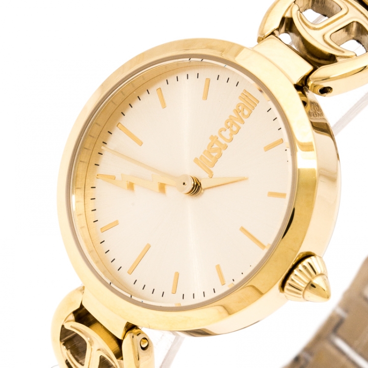 Pre Owned Just Cavalli Champagne Gold Stainless Steel Macrame Women's Wristwatch 28 mm