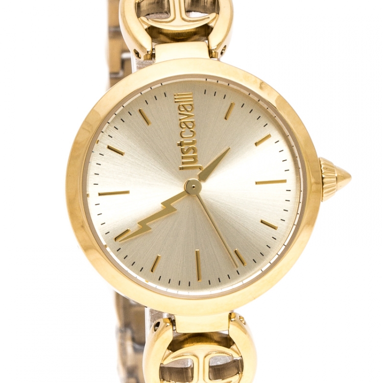 Pre Owned Just Cavalli Champagne Gold Stainless Steel Macrame Women's Wristwatch 28 mm