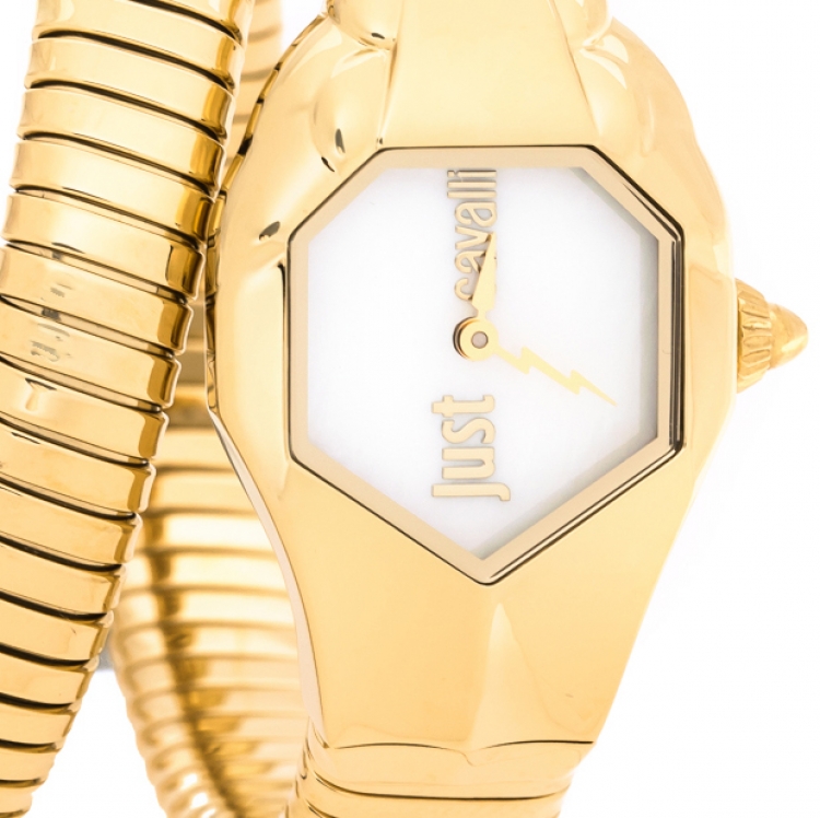 Pre Owned Just Cavalli Mother Of Pearl Yellow Gold Plated Stainless Steel Serpent JC1L001M0026 Women's Wristwatch 22 mm