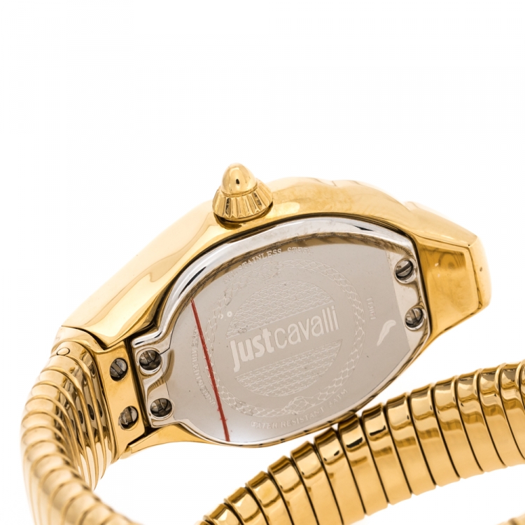 Pre Owned Just Cavalli Mother Of Pearl Yellow Gold Plated Stainless Steel Serpent JC1L001M0026 Women's Wristwatch 22 mm