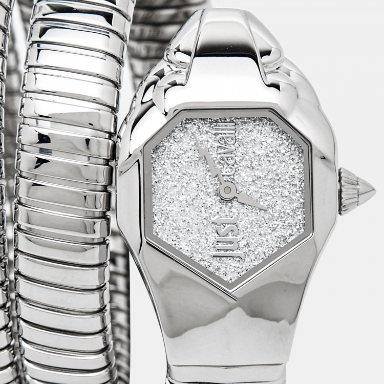 Pre Owned Just Cavalli Glitter Silver Stainless Steel Glam Chic Snake JC1L115M0015 Women's Wristwatch 22 mm