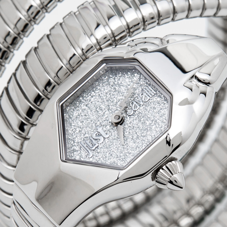 Pre Owned Just Cavalli Glitter Silver Stainless Steel Glam Chic Snake JC1L115M0015 Women's Wristwatch 22 mm