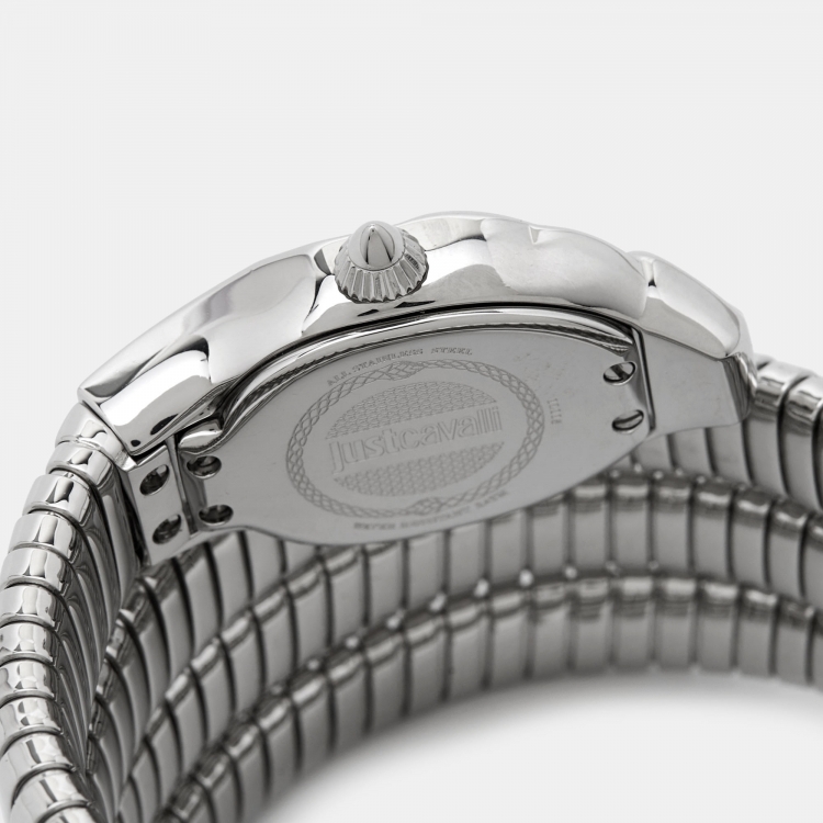Pre Owned Just Cavalli Glitter Silver Stainless Steel Glam Chic Snake JC1L115M0015 Women's Wristwatch 22 mm