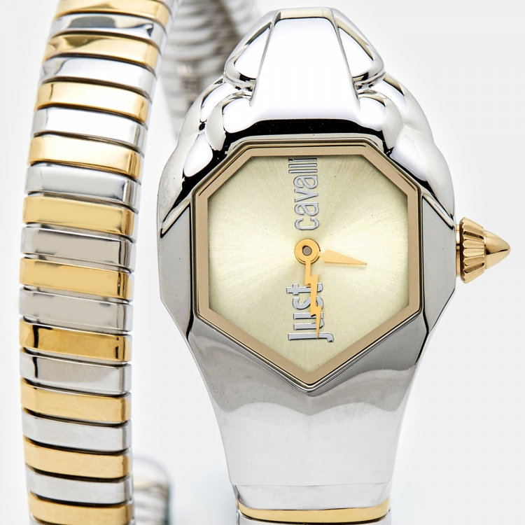 Pre Owned Just Cavalli Champagne Two-Tone Stainless Steel Glam Chic Snake JC1L001M0035 Women's Wristwatch 22 mm