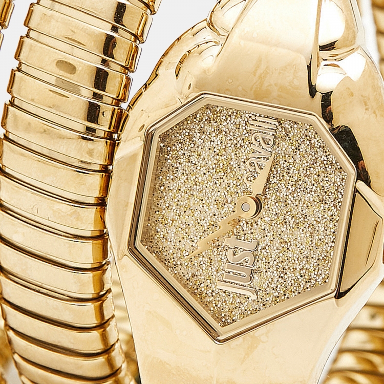 Pre Owned Just Cavalli Glittered Champagne Gold Plated Stainless Steel Glam Chic JC1L115M0025 Women's Wristwatch 22 mm