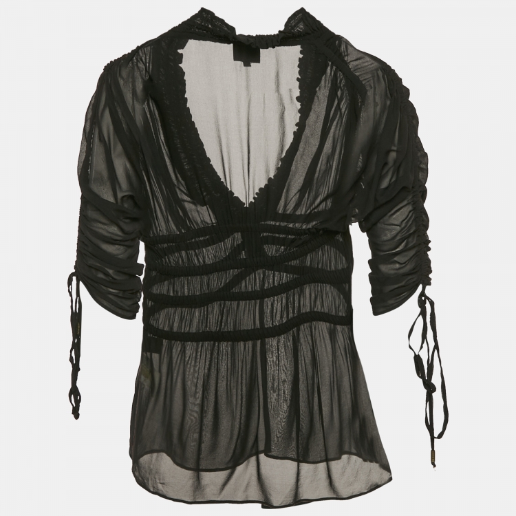مملوكة مسبقًا Just Cavalli Black Silk Smocked V-Neck Top M