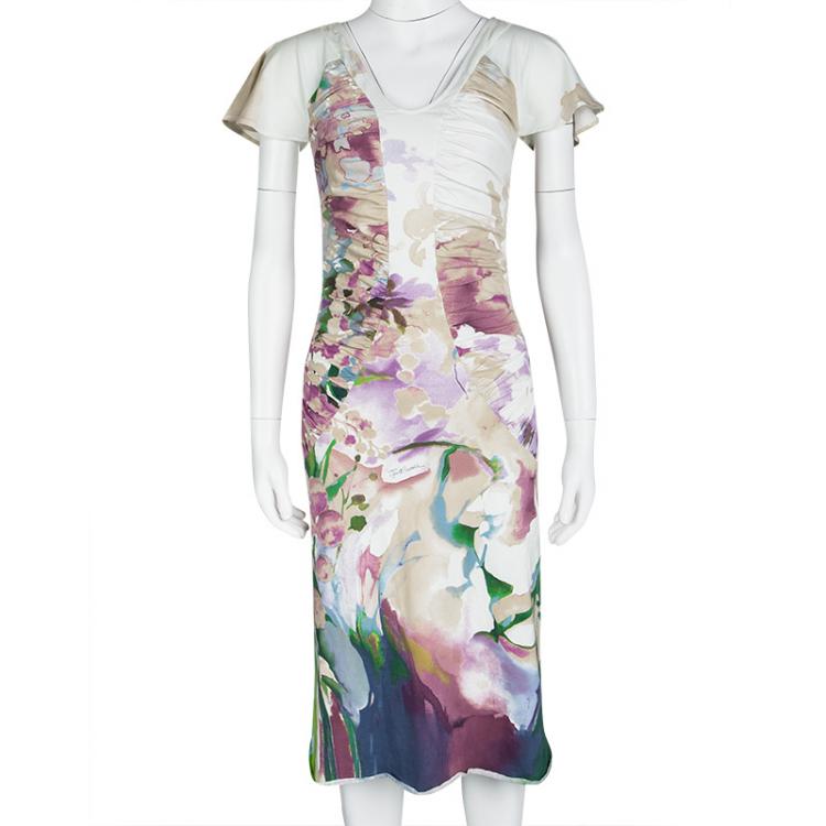 مملوكة مسبقًا Just Cavalli Floral Watercolor Printed Ruched Detail V-Neck Dress M
