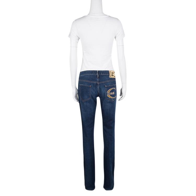مملوكة مسبقًا Just Cavalli Indigo Dark Wash Denim Embellished Pocket Detail Straight Fit Jeans M