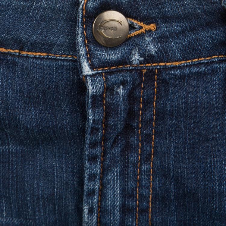 مملوكة مسبقًا Just Cavalli Indigo Dark Wash Denim Embellished Pocket Detail Straight Fit Jeans M