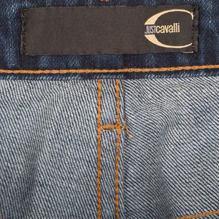 مملوكة مسبقًا Just Cavalli Indigo Dark Wash Denim Embellished Pocket Detail Straight Fit Jeans M