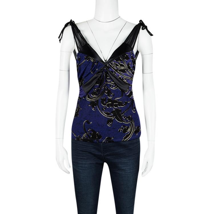 Pre Owned Just Cavalli Purple and Black Knit Ruched Sleeveless Crop Top S 