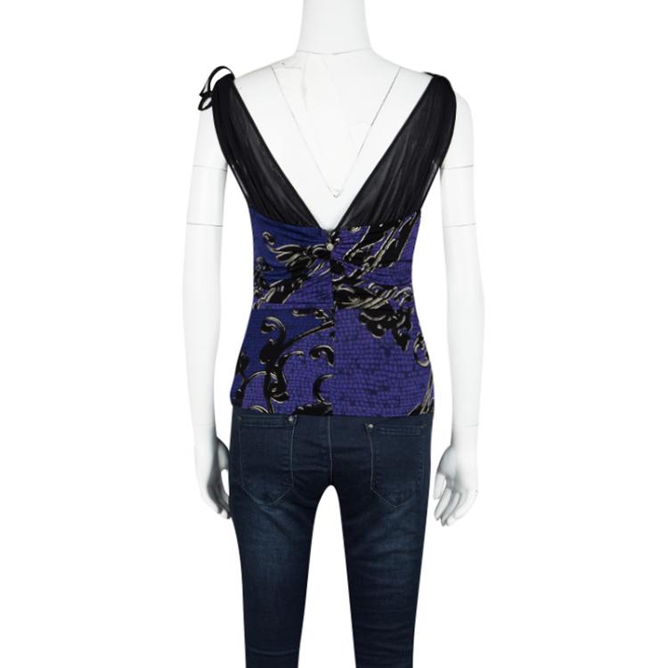 Pre Owned Just Cavalli Purple and Black Knit Ruched Sleeveless Crop Top S 