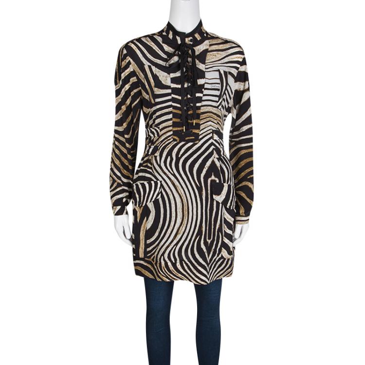Pre Owned Just Cavalli Animal Print Tie Up Front Long Sleeve Silk Tunic M