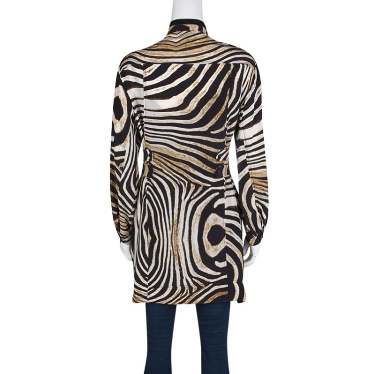 Pre Owned Just Cavalli Animal Print Tie Up Front Long Sleeve Silk Tunic M