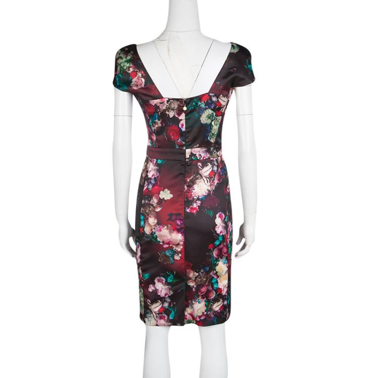 Pre Owned Just Cavalli Multicolor Floral Printed Satin Lace Neck Detail Sleeveless Dress S
