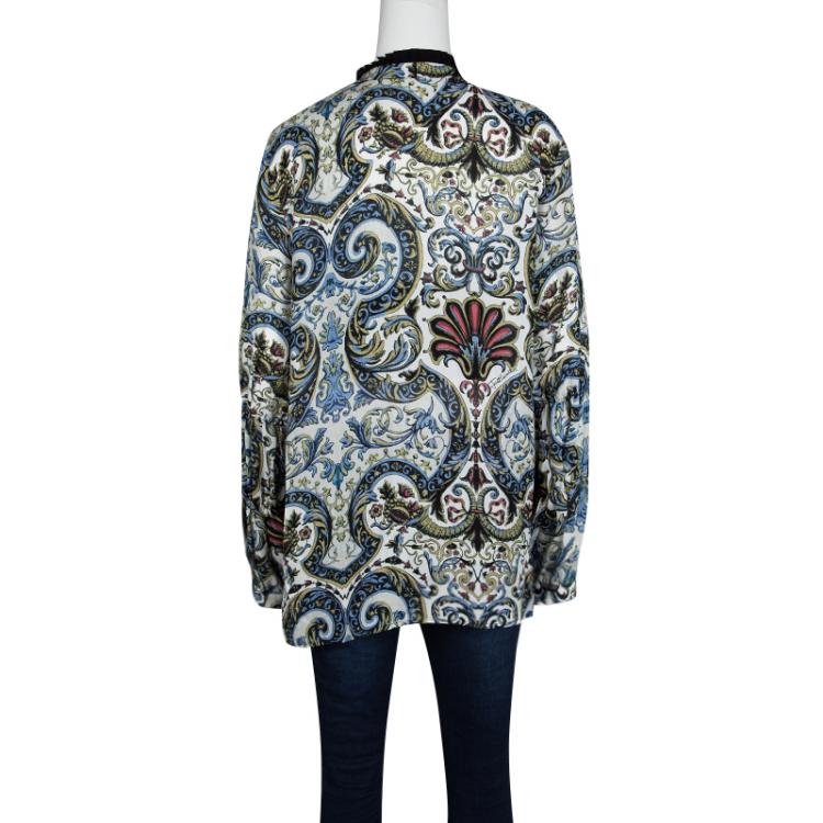 Pre Owned Just Cavalli Multicolour Printed Silk Neck Tie Detail Long Sleeve Blouse M