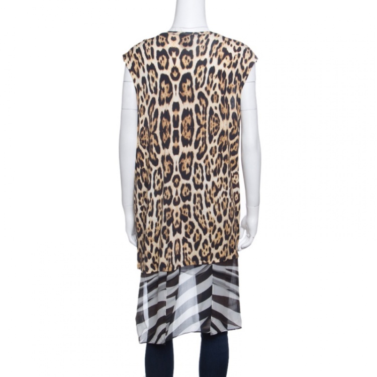Pre Owned Just Cavalli Floral and Animal Printed Jersey High Low Sleeveless Tunic S
