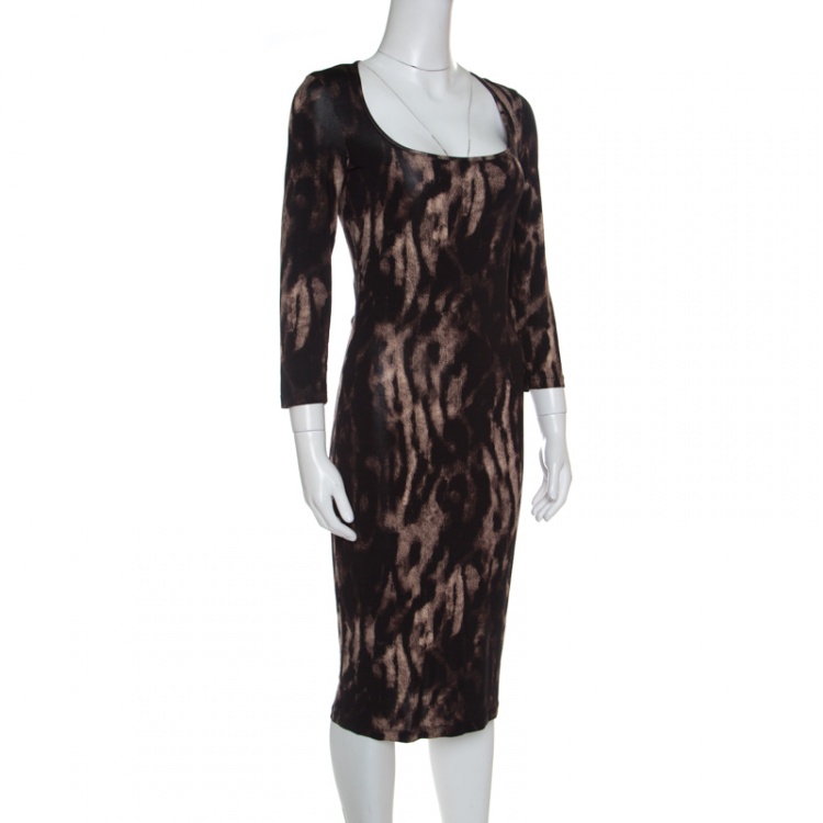 Pre Owned Just Cavalli Brown Animal Print Long Sleeve Dress M