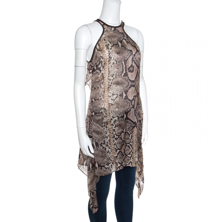 مملوكة مسبقًا Just Cavalli Snakeskin Printed Sheer Silk Leather Braid Trim Racerback Dress M