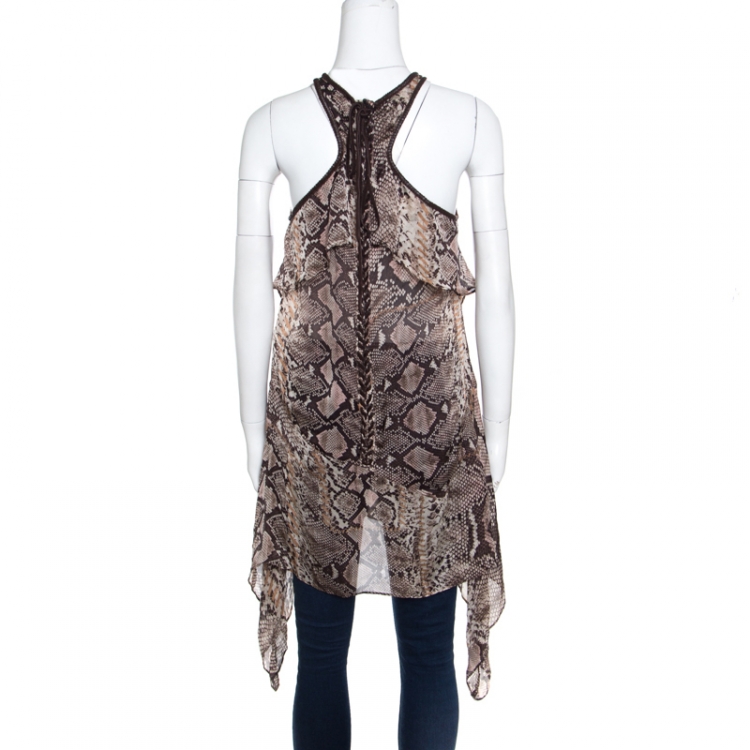 مملوكة مسبقًا Just Cavalli Snakeskin Printed Sheer Silk Leather Braid Trim Racerback Dress M