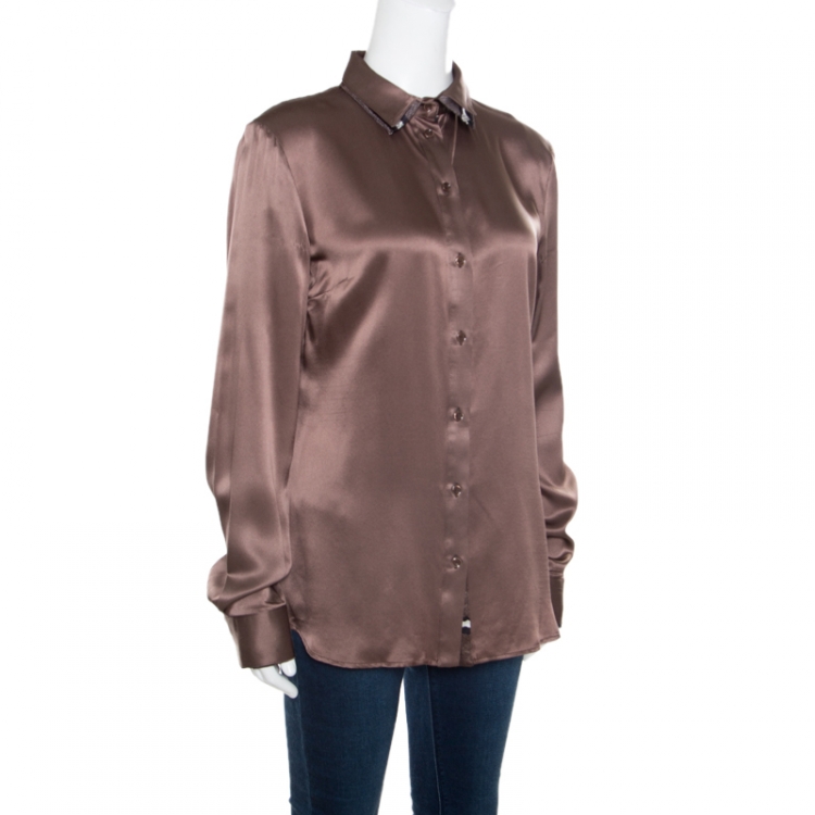 Pre Owned Just Cavalli Brown Silk Satin Animal Printed Trim Long Sleeve Shirt M