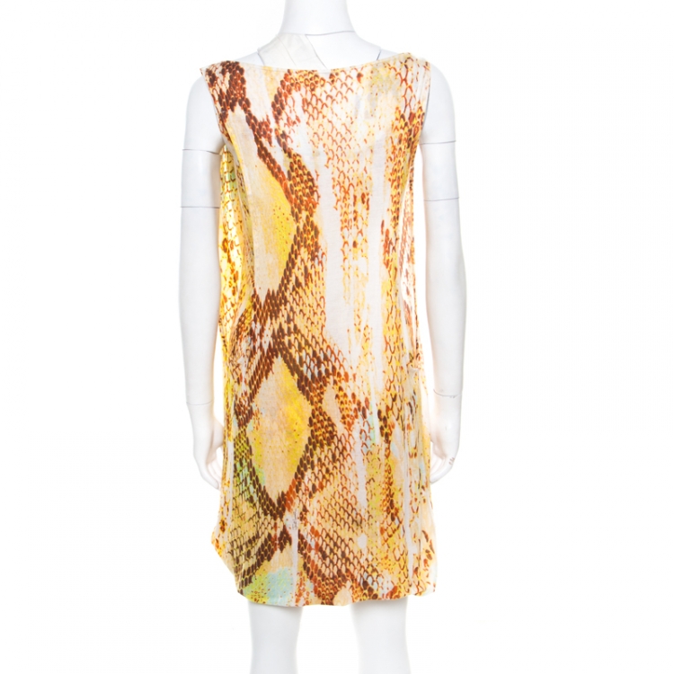 Pre Owned Just Cavalli Yellow Snake Skin Print Layered Cowl Neck Sleeveless Dress XS