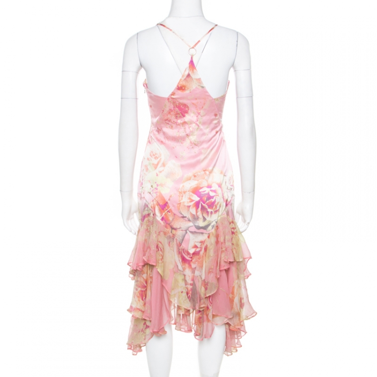 Pre Owned Just Cavalli Pink and Yellow Printed Silk Ruffled Hem Detail Sleeveless Dress M