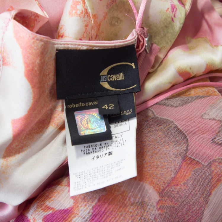 Pre Owned Just Cavalli Pink and Yellow Printed Silk Ruffled Hem Detail Sleeveless Dress M